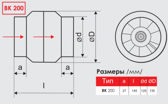 Вентилятор VK 200 (205м3/ч,41dB) высокотемпературный-до 150 градусов (канальный) 2471
